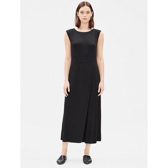 NWT Eileen Fisher Wrap Jumpsuit Viscose Wide Cropped Asymmetrical Black Size L